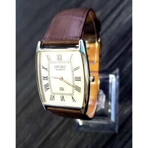 RARE NOS Seiko Men Barrel‎ Tank White Roman Dial Brown Strap